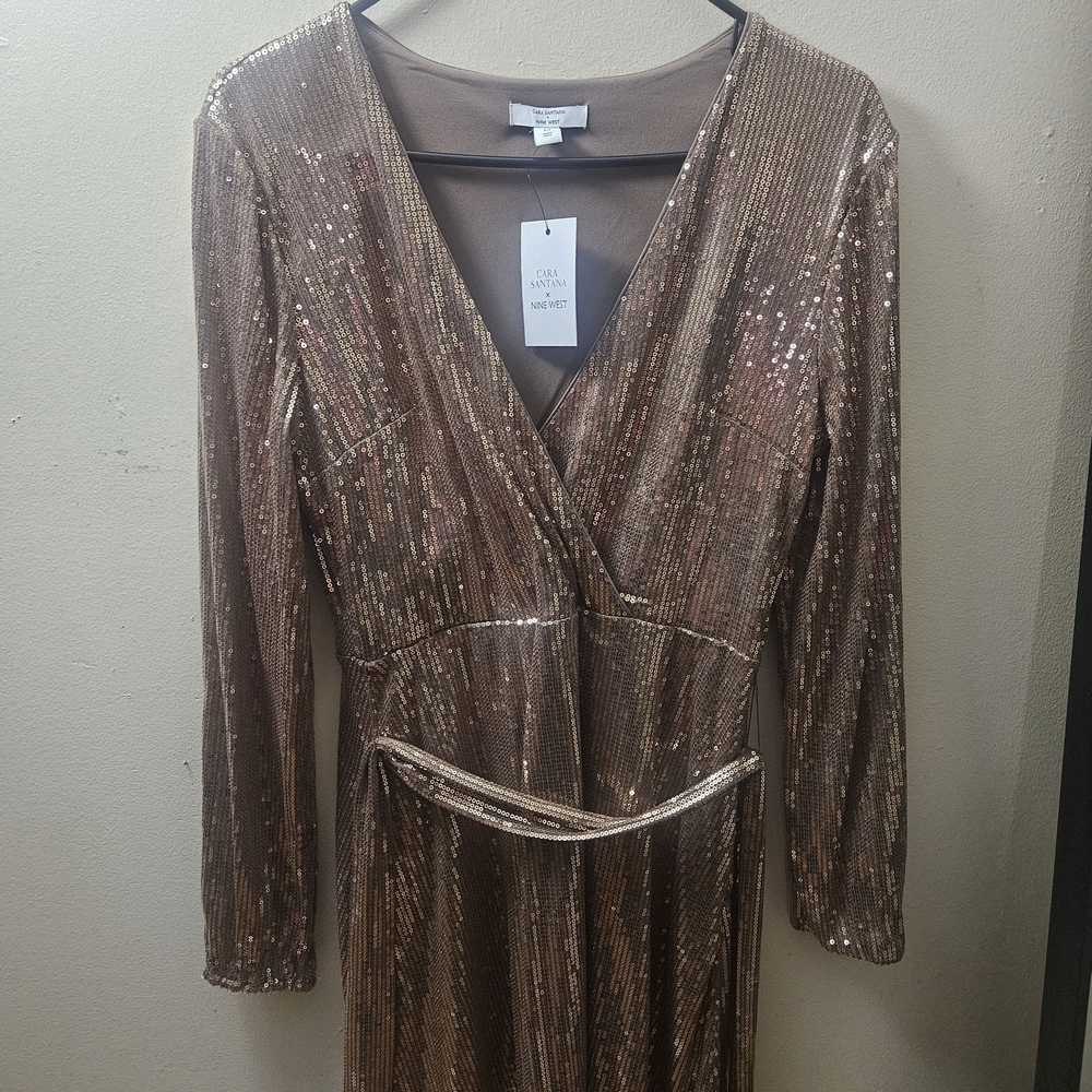 Nine West Long-Sleeve Sequin Wrap Dress in Metallic Bronze